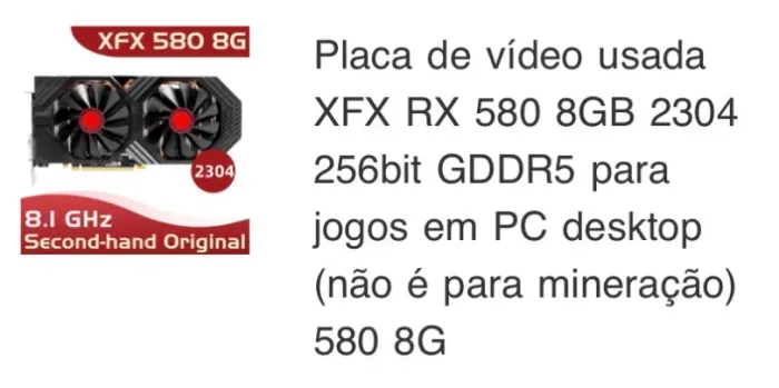Placa De Vídeo Xfx Radeon Rx580 8gb Gddr5 256bits (Usado)