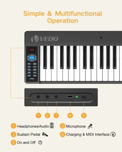Vedo Teclado De Piano Dobrável 61 Teclas Sensíveis Com Pedal