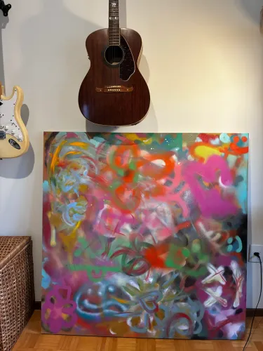 Quadro Abstrato Grande Pintado à Mão em Madeira 120x120