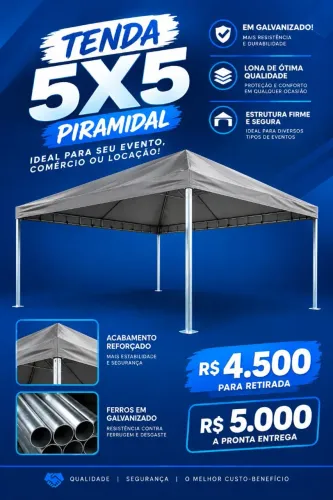 TENDAS 5X5 PIRAMIDAL EM AÇO GALVANIZADO