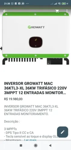 INVERSOR GROWATT MAC 36KTL3-XL 36KW TRIFASICO 220 3MPPT 12 ENTRADAS 