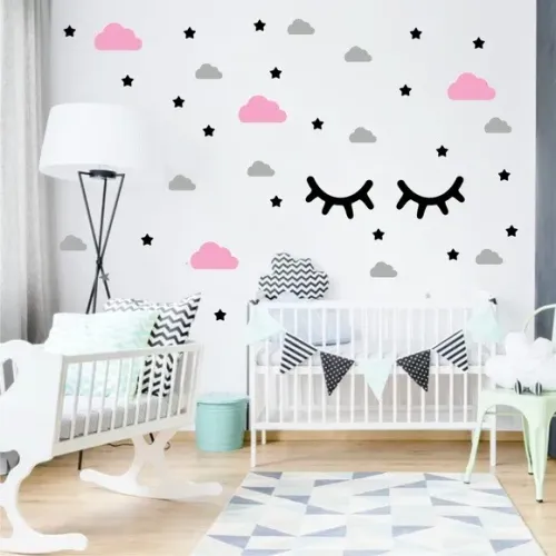 Adesivo de parede decorativo para quarto infantil Cílios com Nuvens e Estrelas baby