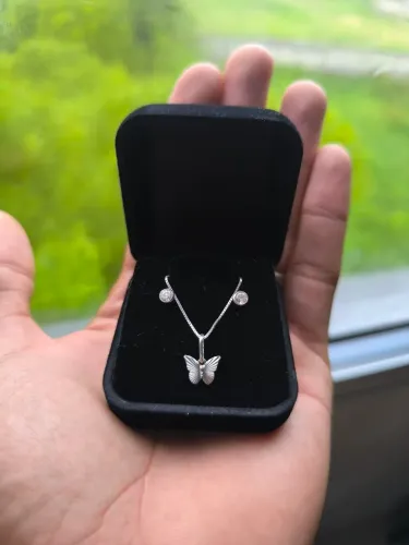 Conjunto de colar e brincos de borboleta em prata