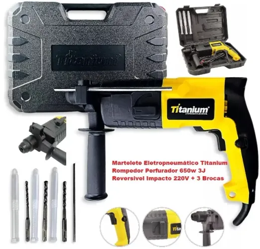 Martelete Eletropneumático Titanium Rompedor Perfurador 650w 3J Reversível 220V + 3 brocas