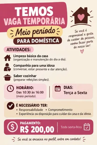 Vaga doméstica meio período temporário (1 mês)