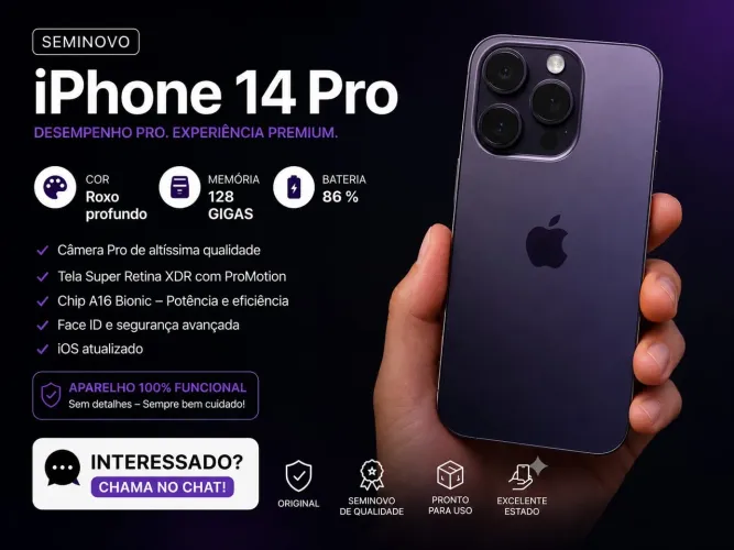 iPhone 14 Pro 128GB Roxo Profundo | Excelente Estado | Bateria 86%