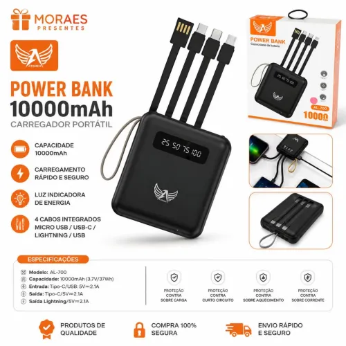 Power Bank 10.000mAh com 4 cabos integrados, display