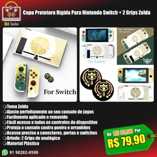Capa Protetora Dura Para Nintendo Switch + 2 Grips Zelda