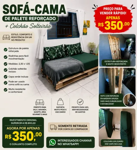 SOFÁ-CAMA DE PALETE REFORÇADO + COLCHÃO SOLTEIRÃO