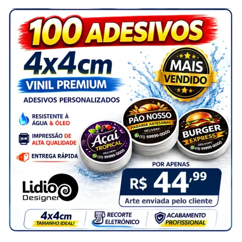 100 adesivos personalizados no tamanho 4x4cm