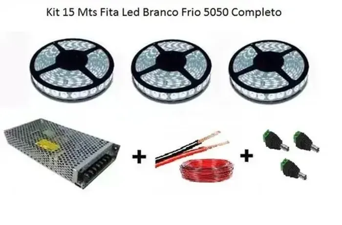 Kit 15 Metros Fita Led Branco Frio Quente Vermelho Azul Verde 5050 Completo Para Sanca