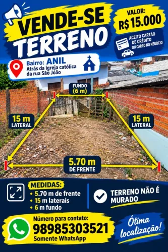 Terreno com 5.70 de frente e 15 m as laterais fundo com 6 m