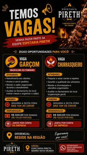 Vaga de garçom e churrasqueiro novo mundo