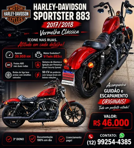 À VENDA - HARLEY-DAVIDSON SPORTSTER IRON 883 (2017/2018) - VERMELHA CLÁSSICA