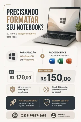 Formatação de Notebooks | Pacote Office 2024, Windows 10/11 e outros serviços adicionais!