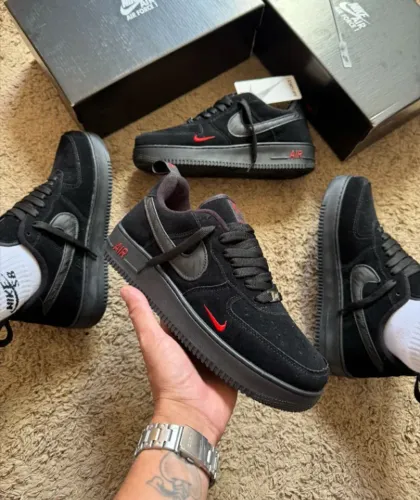 Tênis Nike Air Force Camurça Preto/Vermelho Linha Luxo Masculino (Foto Real)