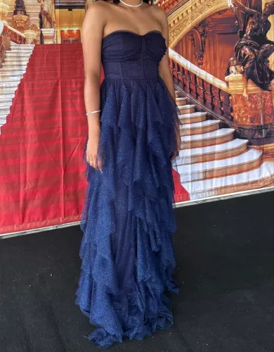 Vestido De Festa Azul Marinho Brilhante Tomara que Caia 