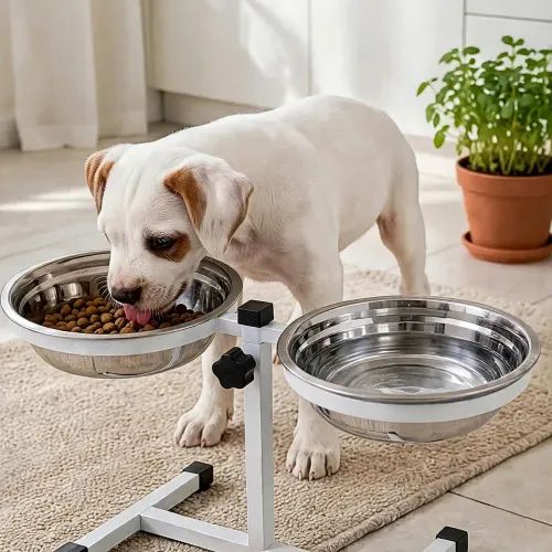 Suporte duplo elevado para pet comedouro e bebedouro com vasilhas de inox 