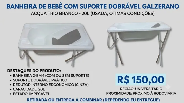 Banheira de Bebê com suporte Dobrável Galzerano - Acqua Trio Branco 20L<br>Cor: Branco