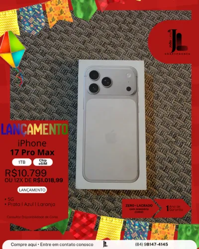 IPHONE 17 PRO MAX, 1TB, CHIP ESIM, SILVER(PRATA), LACRADO, LANÇAMENTO!