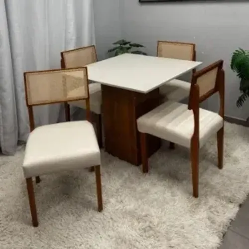 Mesa de Jantar Dakota 90x90cm Sem Vidro e 4 Cadeiras Grecia em Linho Madeira