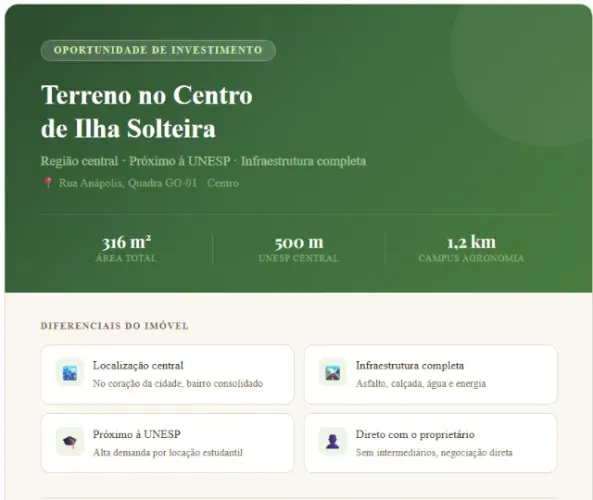 TERRENO À VENDA NO CENTRO DE ILHA SOLTEIRA