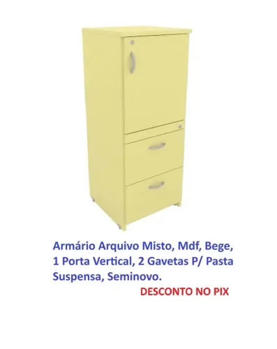 Armário Arquivo Misto Mdf Bege 1,60 x 40cm 2 x1 1 Porta Vertical 2 Gavetas Pasta Suspensa 