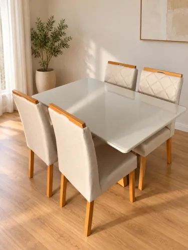 Mesa de Jantar 1,20 com Tampo de Vidro e 4 Cadeiras em Veludo NOVA