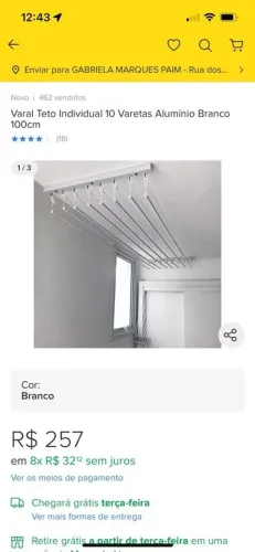 varal teto individual 10 varetas aluminio branco