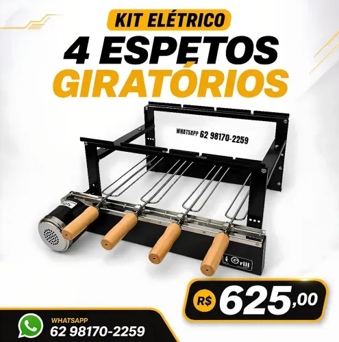 Kit Elétrico 4 Espetos Giratório para Churrasqueira 