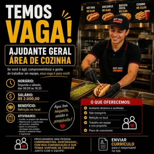 Auxiliar Geral de Cozinha | com ou sem experiência em Jardim Paraíso