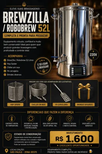 BrewZilla Robobrew 52L 220V Completa + Hop Spider + Chiller + Pá Cervejeira