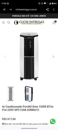Ar Condicionado Portátil Gree <br>12000 BTUs Frio 127V<br><br>GPC12AK-A3NNA1C<br><br>A1C<br><br>Voltagem: 110V
