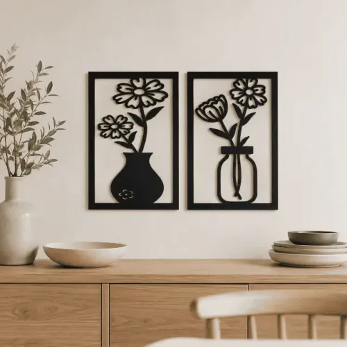 Kit 2 Quadros Decorativos Mdf Vasos Flores Vazados Parede