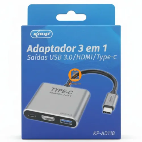 TIPO-C Adaptador, Conversor p/ HDMI, USB 3.0 e TIPO-C (Transmitir tela 3 em 1) KP-AD118