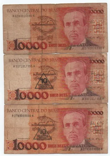 Cédulas Antigas - 10.000 Cruzeiros - Lote com 3 Unidades