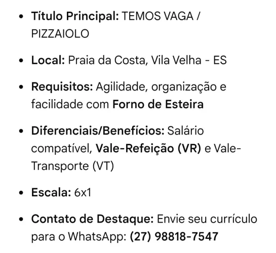 Vaga Auxiliar de Pizzaiolo 