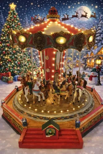 Decoração Luxo Carrossel Musical de Natal Iluminado com movimento