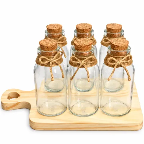 Kit 6 Garrafinhas 100ml Com Rolha + Tábua De Madeira