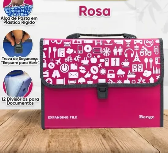pasta de arquivos expansivel 12 camadas para organizar papeis rosa pink cn1322