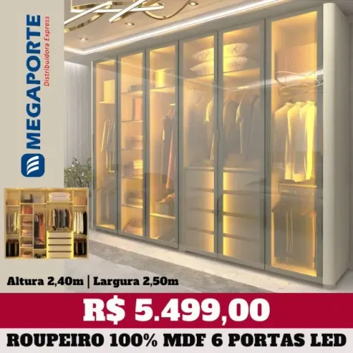 Guarda Roupa 100% MDF c/ LED 6 Portas Reflecta 4 Gavetas (Novo) Entrega Grátis! 