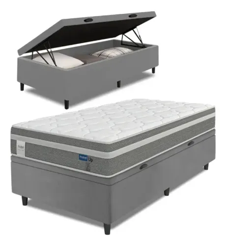 Cama Solteiro Completa com Colchão + Baú Box Suede