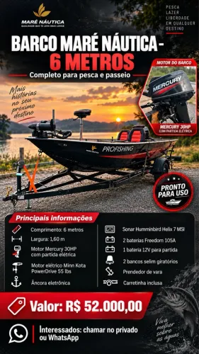 Barco maré náutica plataformado 6mtrs motos 30HP Mercury com partida elétrica