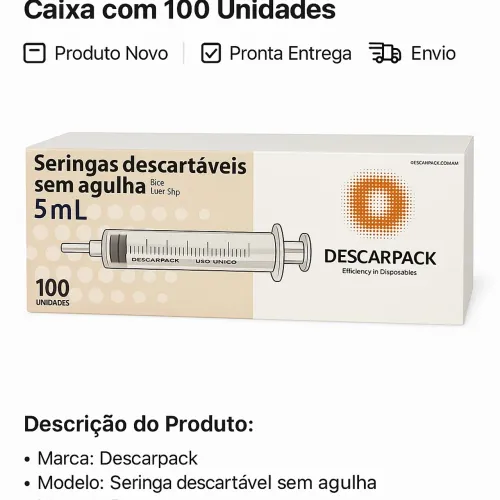 Seringas Descartáveis Sem Agulha Descarpack 5mL (100 Unidades)