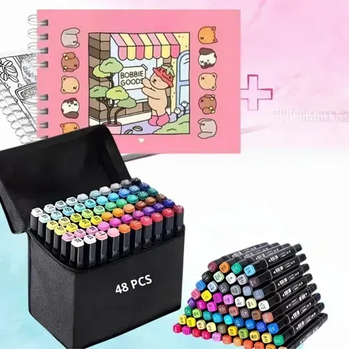 Canetinhas kit com 48 canetas + caderno de colorir bobbie goods