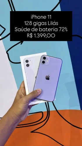 iPhone 11 /128GB / Lilas / Saúde de bateria 72% / R$ 1399,00