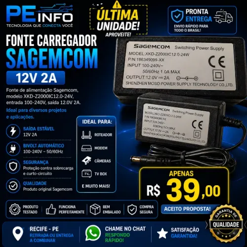 Fonte 12V 2A Sagemcom Original Bivolt Para Roteador Modem Câmera