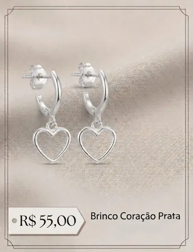 Brinco coração, novo, prata