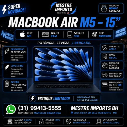 MacBook Air M5 15 16GB 512GB Midnight Novo Lacrado Apple