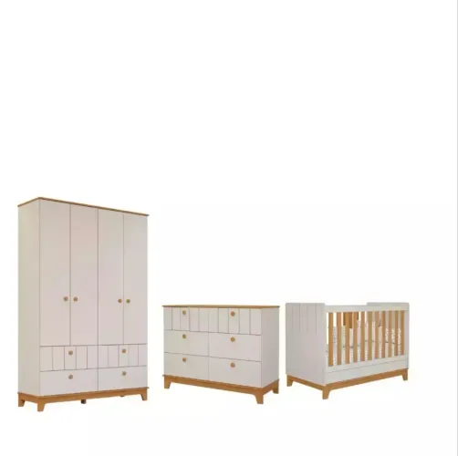 Quarto Completo Bebe Permobili Biscoito Retro MDF - - Branco Acetinado Nature 